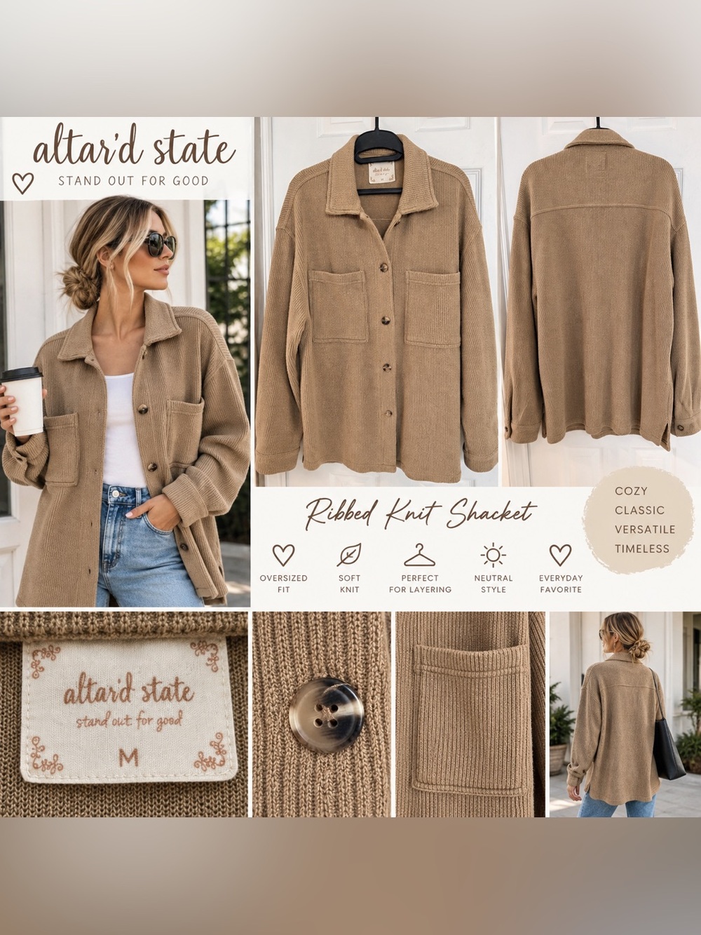 Altar’d State Ribbed Knit Button Front Shacket Cardigan Tan Size M